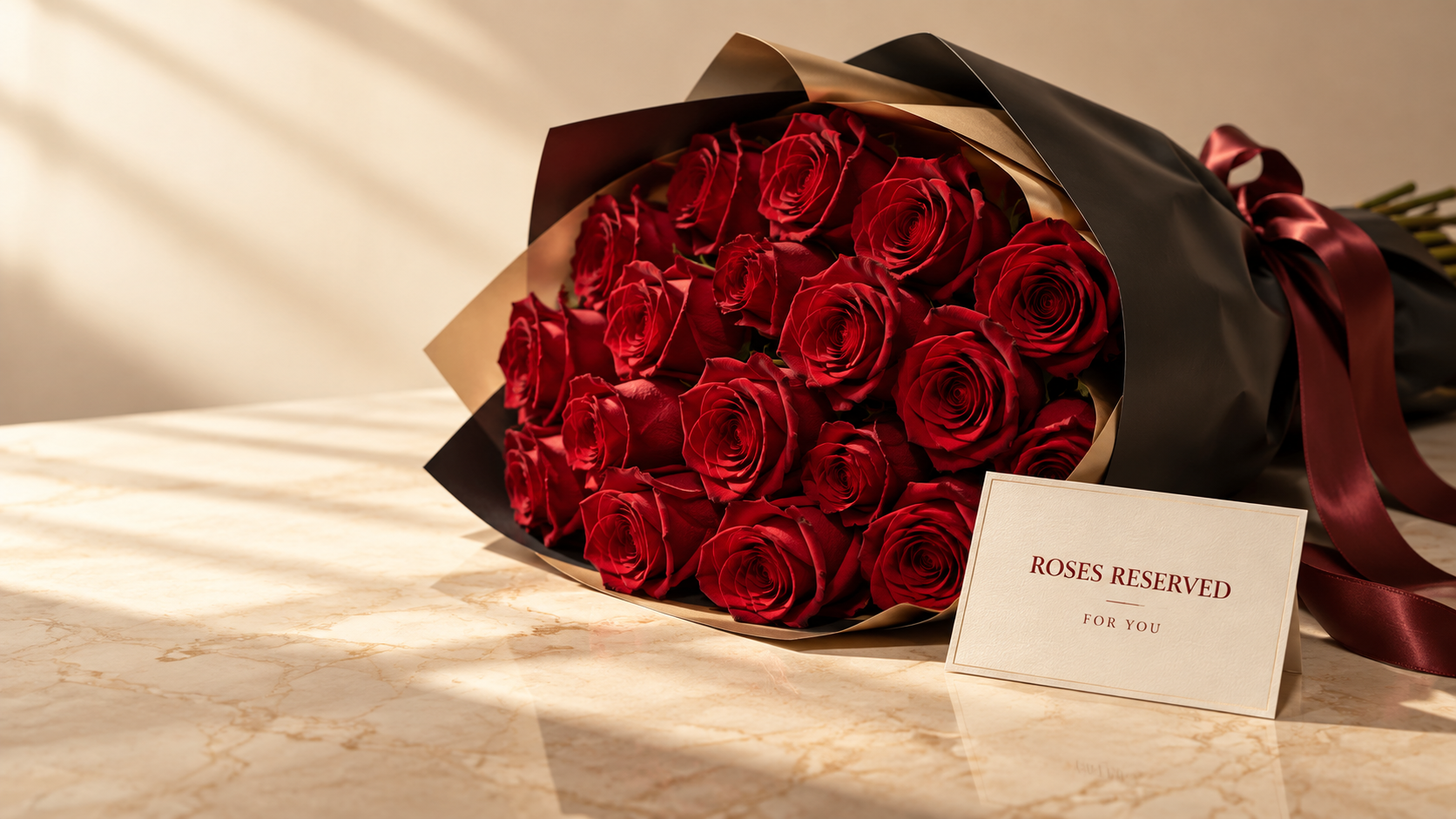 Luxury red rose bouquet wrapped in black and gold with a Roses Reserved For You card