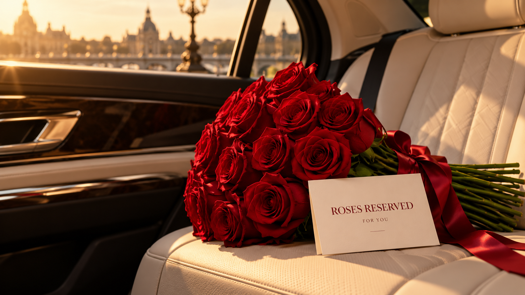 Luxury red rose bouquet with a Roses Reserved card resting in a refined vehicle interior