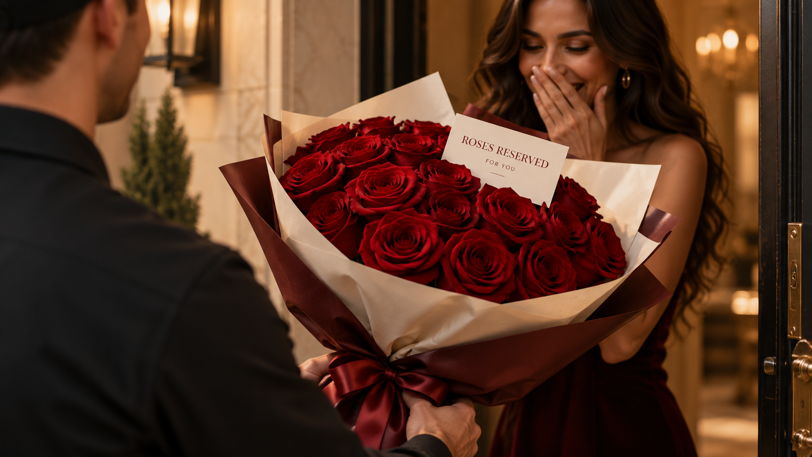 Woman receiving a luxury bouquet of red roses at her door